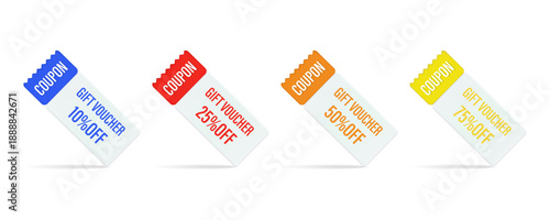 A set of coupon templates with a percentage discount, highlighted on a white background. Coupons for discounts of 10, 25, 50 and 75 percent when buying goods. A set of 3D vector gift certificate icons