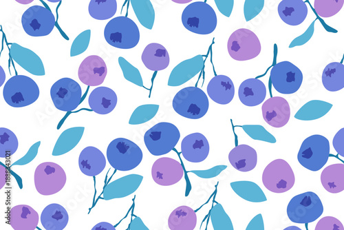 Blueberry branches seamless pattern. Floral background with berries and leaves. Blue and purple berries on a white background. Vector design for print, banners, posters, backgrounds, and design.