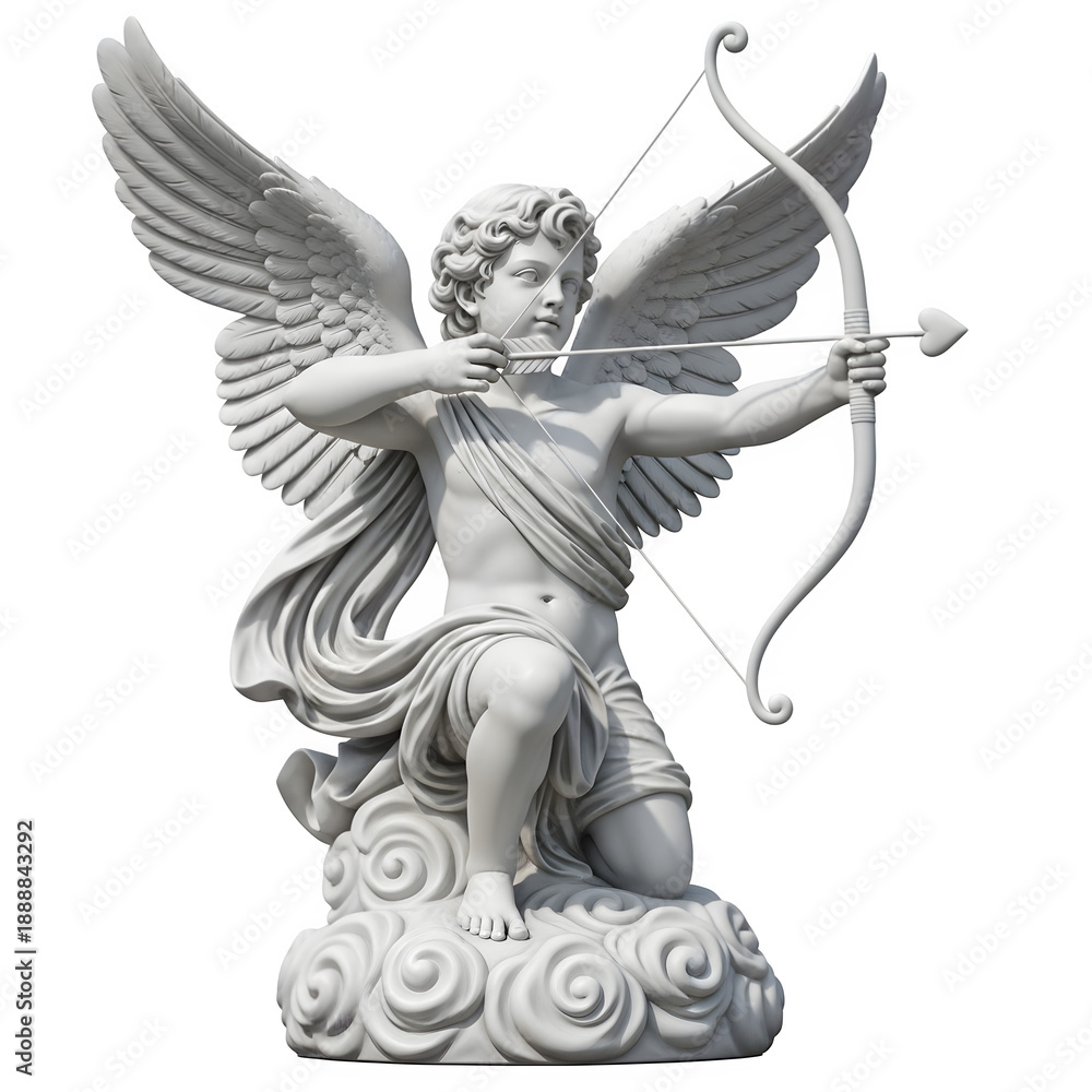 Obraz premium Elegant white cupid statue kneeling on sculpted clouds, angel of love aiming bow and arrow, isolated on white or transparent background. PNG format.