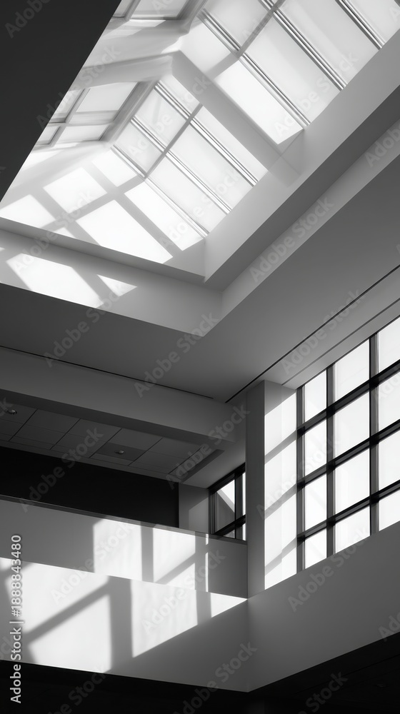 Obraz premium Monochrome interior features a dramatic skylight, grid windows, and pronounced geometric shadows on walls now