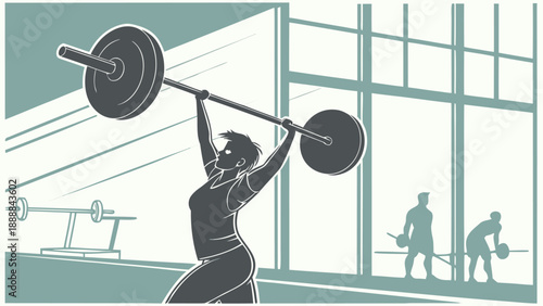 Athletic woman lifting weights in modern gym with large windows