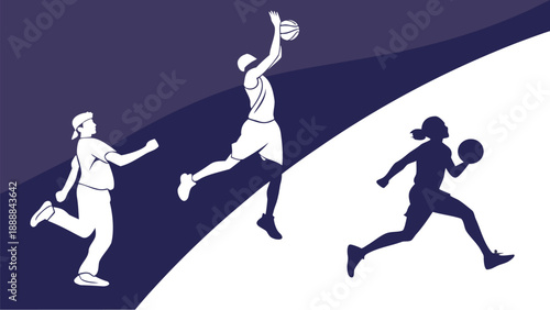 Dynamic basketball players in action on court with stylish silhouettes