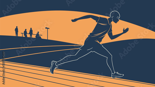 Man running on track with people in background at sunset