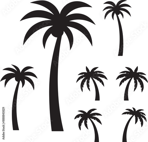  set of palm trees, palm, tree, tropical, vector, silhouette, beach, nature, leaf, illustration, summer, coconut, palm tree, island, plant, design, travel, pattern, sea, sun, palms, branch, palmtree