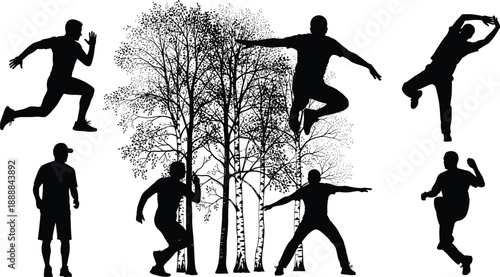 Black silhouettes of men women and children playing sports and moving in action together