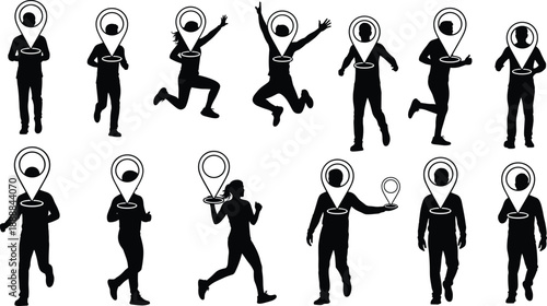 Geolocation icons with human silhouettes, tracking concept, dynamic poses, location pin art, digital identity, motion and data visualization