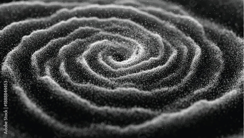 Intricate abstract spiral pattern composed of grainy texture, creating mesmerizing rippled surface with depth and visual movement