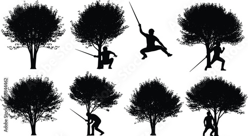 Silhouettes of trees in a park with people and nature vector illustration