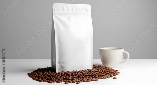 White coffee bag with coffee beans and cup.
