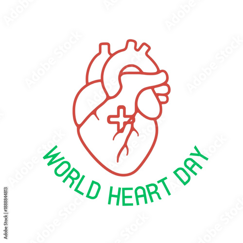 World Heart Day illustration with anatomical heart and cross