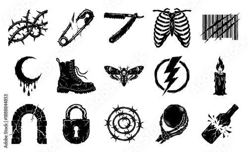 Grungy Woodcut Punk Aesthetic Graphic Element Kit for Alternative Underground Streetwear and Tattoo Design