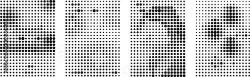 Abstract halftone dot pattern panels with varying density black dots for modern graphic design