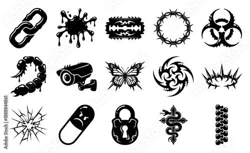 Cyber-Ghetto Y2K Brutalist Graphic Element Asset Sheet for Underground Streetwear Design