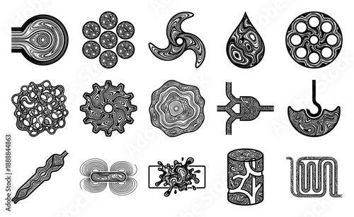 Psychedelic Linocut Scientific Concept Element Kit for Abstract Biotechnology and Fluid Dynamics Graphics