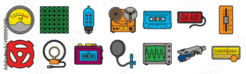 Flat Vector Retro Audio Equipment Graphic Element Kit for Analog Recording and Music Production Themes