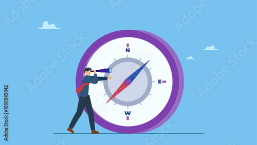Businessman with telescope and compass. Business compass guidance direction or opportunity, make decision for business direction, finding investment opportunity, leadership or visionary.