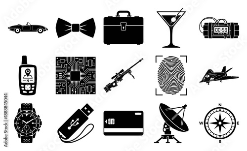 Flat Vector Secret Agent Equipment Element Kit for Espionage and Intelligence Graphic Design Projects