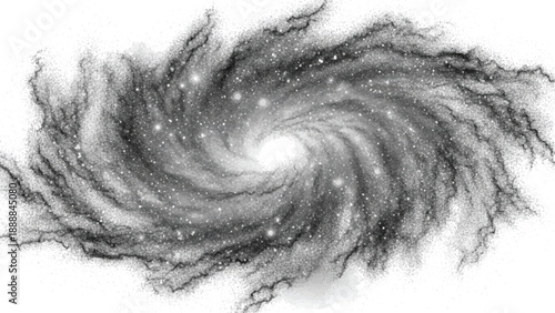 A mesmerizing swirling vortex of dark, smoky clouds and glowing stars, resembling a distant galaxy or cosmic phenomenon against a clean white void.