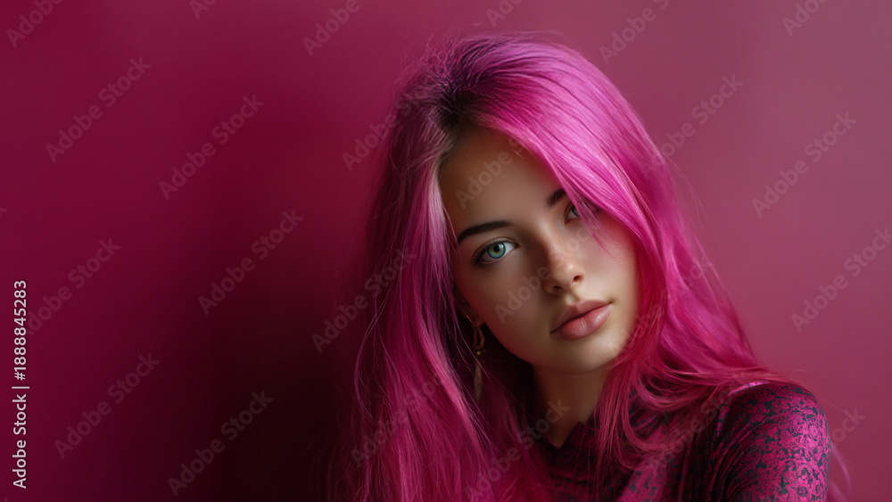 Naklejka premium dazzling pink futuristic woman portrait, pink cyberpunk beauty in futuristic world, monochrome pink scifi female aesthetic