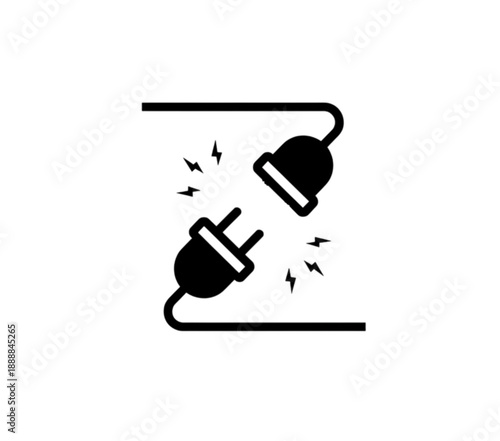 A black and white vector image showing two electric plugs disconnected with sparks between them, signifying power loss, electrical short circuits, or energy connection issues