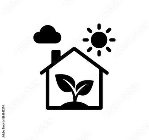 A vector image of a simple house silhouette containing a growing plant, accompanied by sun and cloud symbols to represent green building and sustainable living