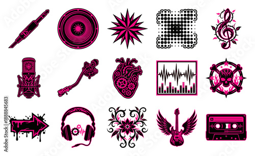 Cyberpunk Neo-Tribal Music Elements and Gothic Audio Graphic Set for Edgy Underground Subculture Branding