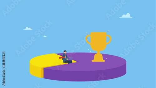 Businessman working on 20 percent pie chart with trophy on 80 part. Pareto principle, 80 to 20 rule or work efficiency, minimal effort for big outcome, productivity to generate great result.
