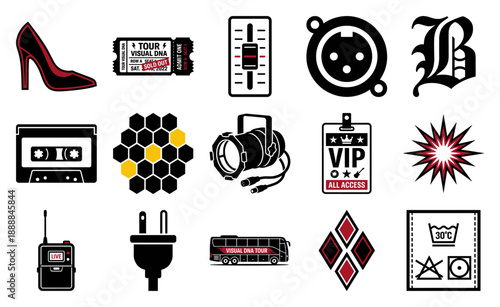Flat Vector Music Tour Production Asset Sheet for Live Concert Event Branding and Backstage Logistics