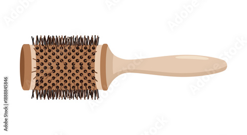 Wooden round hair styling brush with natural bristles isolated on a white background for beauty