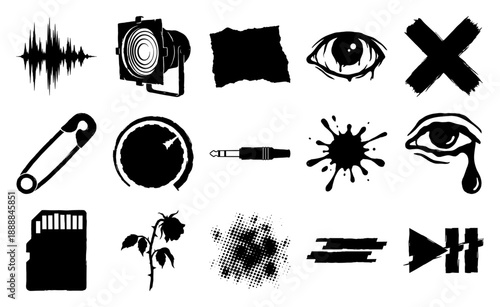 Grungy Punk Rock Aesthetic Hand-Drawn Element Kit for Underground Music and Zine Design