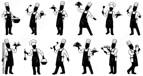 Chef Silhouette Icons: Kitchen Utensils, Serving Dishes, Aprons and Hats, Culinary Poses, Cooking Tools, Black and White, Minimalist Style, Food Preparation Illustration