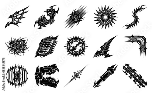 Neo-Tribal Cyberpunk Sigils and Biomechanical Tech Graphic Asset Sheet for Futuristic Branding and Streetwear