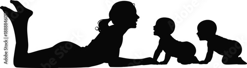 Silhouette of mother interacting with crawling babies, symbolizing parenting, nurturing, childhood development, love and family bonding in a modern motherhood and caregiving lifestyle concept