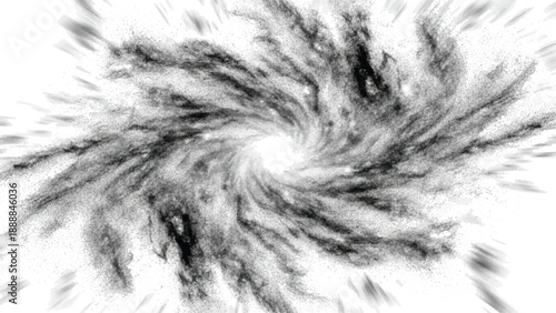 Swirling galaxy vortex composition with spiral ink motion and white center core representing celestial motion of cosmic dust and dark matter in vast empty space with monochromatic elegance