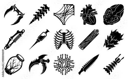 Biomechanical Gothic Engraving Element Kit for Dark Sci-Fi Horror and Cybernetic Body Horror Concept Art