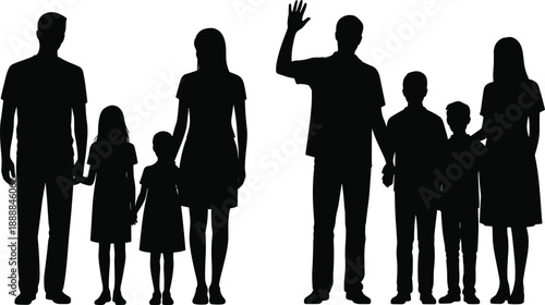 Silhouette of families standing together with children, symbolizing parenting, unity, love, support and lifestyle in a modern family relationship concept with minimal artistic style