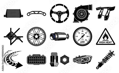 Flat Vector Performance Automotive Parts Element Kit for JDM Tuning and Racing Garage Graphics