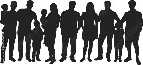 Silhouette of multiple families standing together with children, symbolizing unity, parenting, support, relationships and lifestyle in a modern family bonding and childhood concept