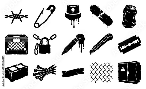 Grungy Punk Rock Street Culture Graphic Set for Urban Underground Subculture Visuals