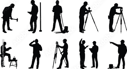 Silhouettes of construction workers land surveyors using tools equipment, showing technical measurement, planning, engineering and fieldwork activities for industry, infrastructure building concepts
