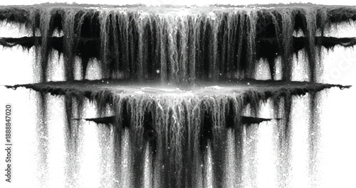 Abstract black and white digital art featuring a dramatic mirrored waterfall design with multiple tiers creating an ethereal flowing liquid effect