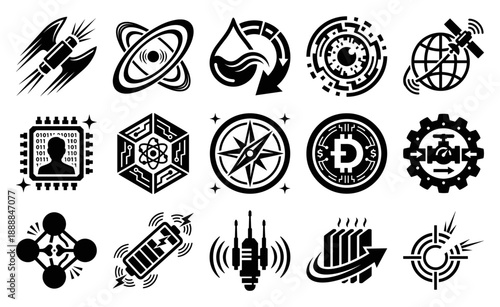 Stylized Futuristic Technology and Scientific Research Element Kit for Aerospace and Cyber Security Infrastructure