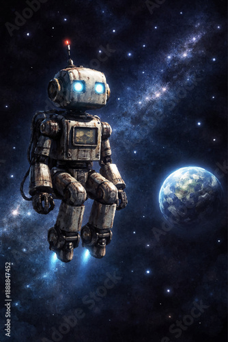 ロボット　宇宙に浮かぶロボット　地球を眺めるロボット