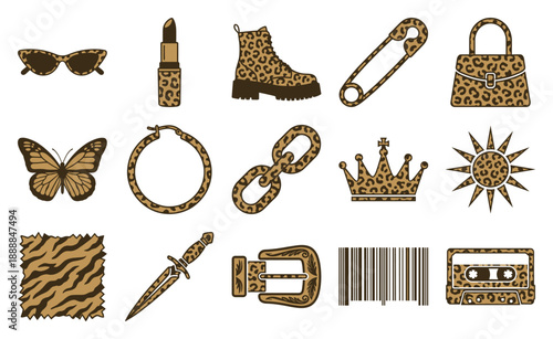 Leopard Print Fashion Clipart and Y2K Aesthetic Graphic Element Kit for Grunge Streetwear Design