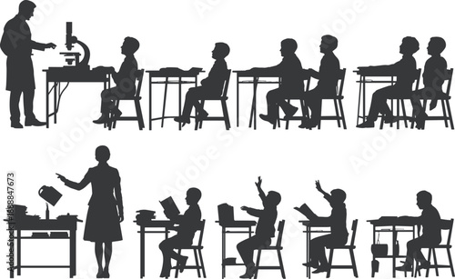 Silhouettes of teachers and students in classroom settings, showing education, learning, teaching, studying and academic interaction for school, training, instruction and knowledge concepts