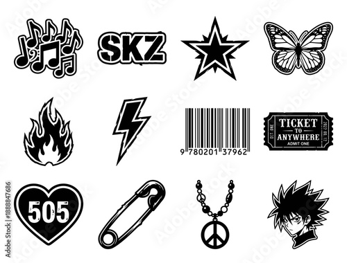 Grunge Aesthetic Streetwear Graphic Element Kit for Y2K Edgy Fashion and Underground Pop Culture Branding