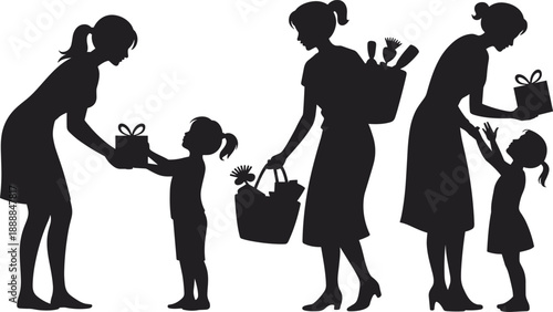 Silhouettes of women giving gifts and flowers to children, symbolizing motherhood, caregiving, kindness, celebration and family bonding in a loving lifestyle and childhood concept