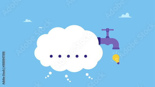 Group thinking bubble with faucet to get lightbulb idea output. Thinking idea or brainstorm to get solution, creativity or imagination solve problem, efficient cooperate to get good outcome.