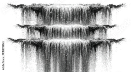 Abstract black and white digital art featuring a multi-tiered waterfall cascading down symmetrically, creating a serene and flowing visual effect