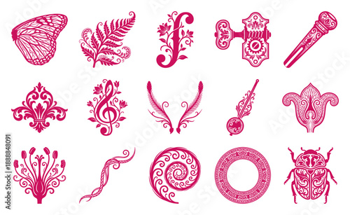 Ornate Vintage Engraving Nature and Musical Element Kit for Victorian Scrapbooking and Decorative Design